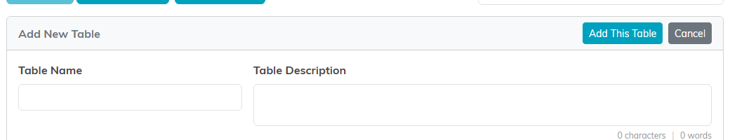 The Add New Table form with Table Name, Table Description, Add This Table and Cancel
