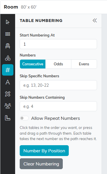 The Table Numbering panel with Start Numbering At, Consecutive, Odds or Evens, Skip Specific Numbers, Skip Numbers Containing, Allow Repeat Numbers, Number By Position and Clear Numbering