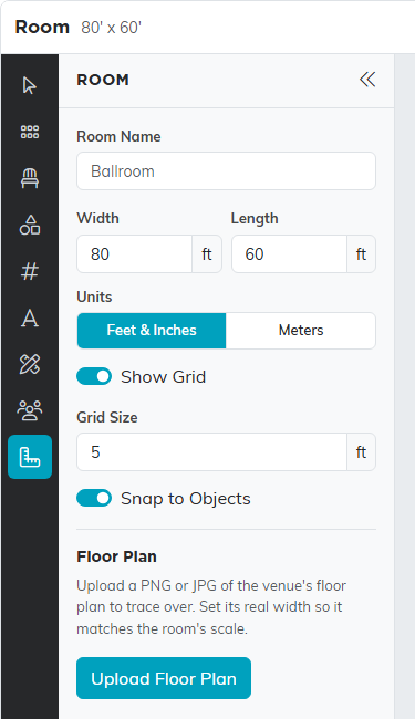 The Room panel with Room Name, Width and Length in feet, Feet and Inches or Meters, Show Grid, Grid Size, Snap to Objects and Upload Floor Plan