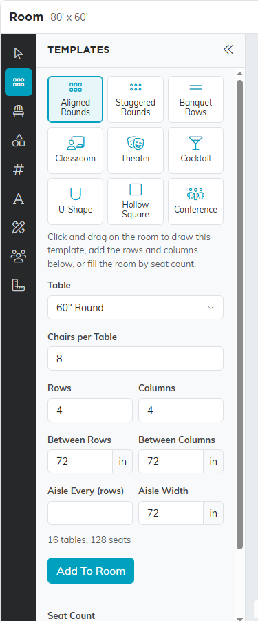 The Templates panel with nine layouts, the table and chairs per table, rows, columns, spacing and aisles, a total of 16 tables and 128 seats, and Add To Room