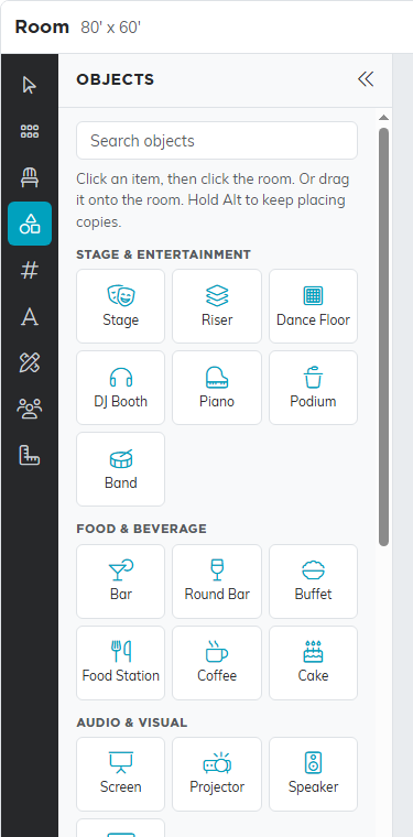 The Objects panel with Stage and Entertainment, Food and Beverage, and Audio and Visual items