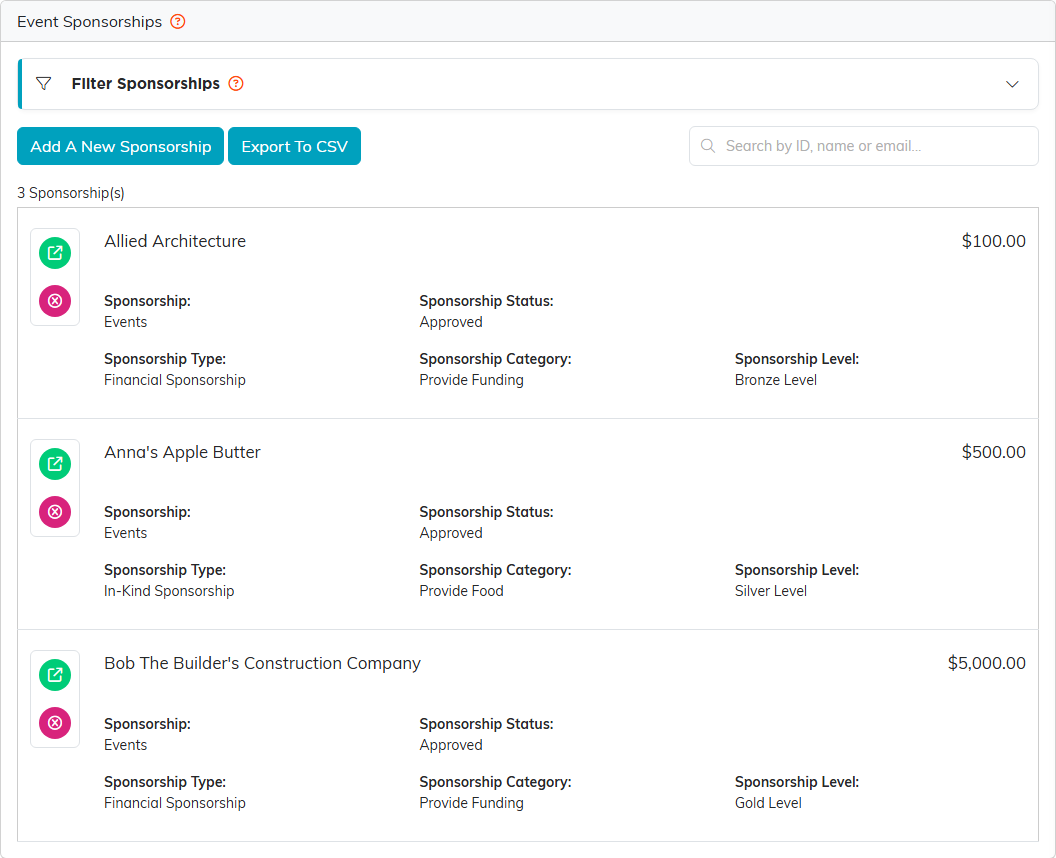 Event Sponsorships with the filter, Add A New Sponsorship, Export To CSV and three sponsorships with their amount, status, type, category and level
