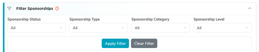 Filter Sponsorships open with Sponsorship Status, Type, Category and Level, and Apply Filter and Clear Filter