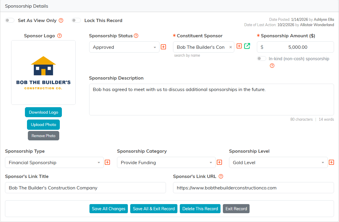 A sponsorship record with the sponsor logo, status, sponsor, amount, in-kind switch, description, type, category, level and link fields