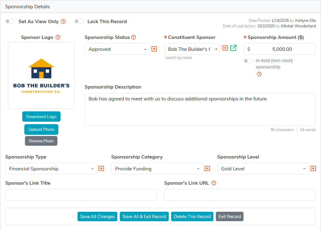 A sponsorship record with the sponsor logo, status, sponsor, amount, in-kind switch, description, type, category, level and link fields