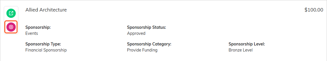 A sponsorship row on Event Sponsorships with the pink delete icon outlined in orange, below the green open icon