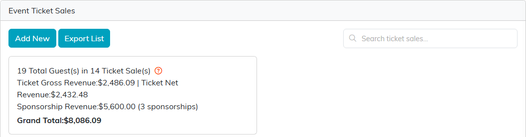 The top of Event Ticket Sales with the Add New and Export List buttons, the search box, and the totals for guests, ticket revenue, sponsorship revenue and the grand total