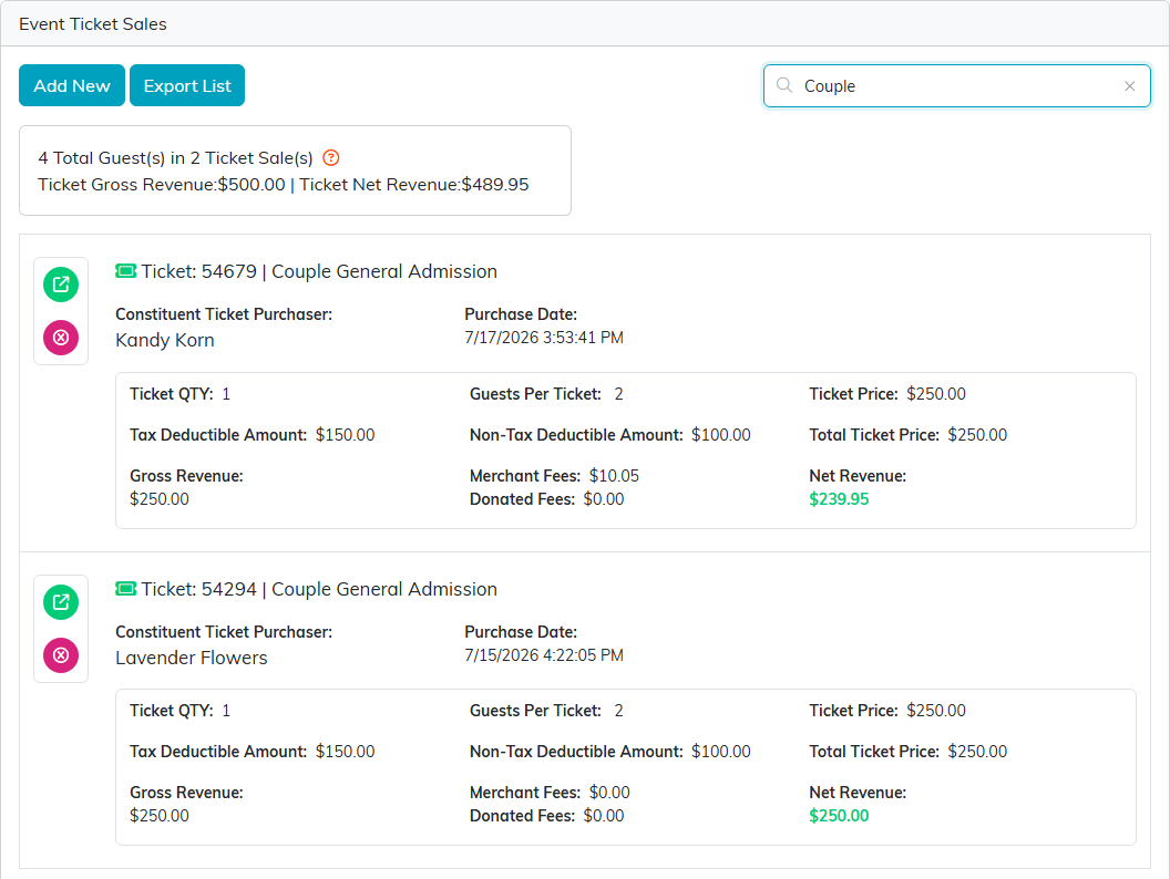 The ticket sales list searched for Couple, showing two couple tickets and totals for just those two sales