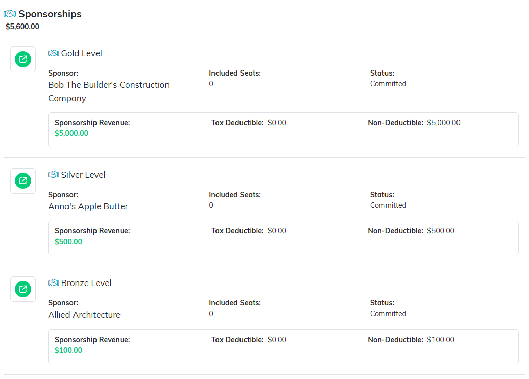 The Sponsorships section listing a gold, a silver and a bronze sponsor with their revenue