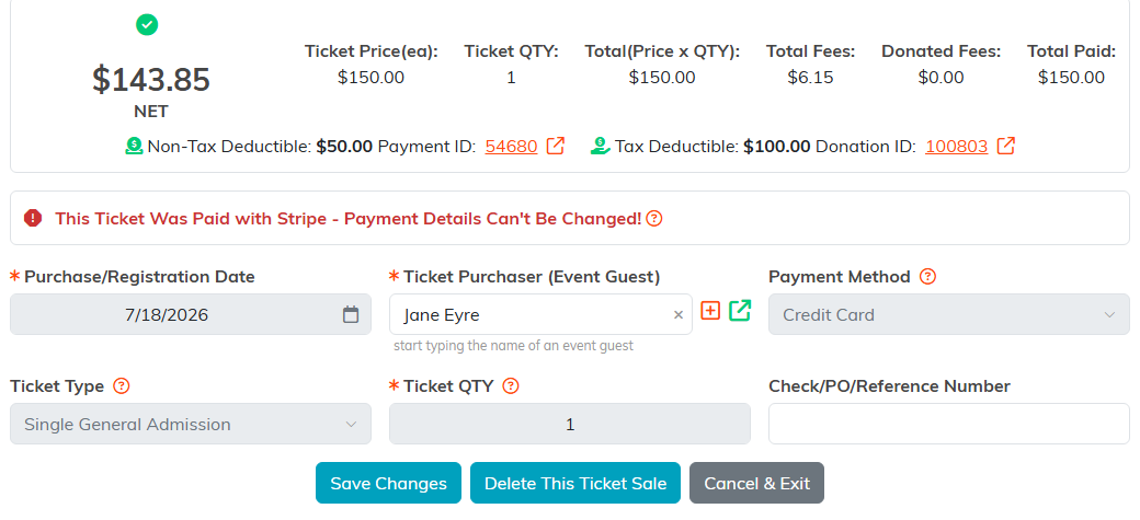 Ticket Details for a card sale showing net revenue, price, quantity, fees, total paid, the payment and donation links, and the purchase date, purchaser, payment method, ticket type and quantity