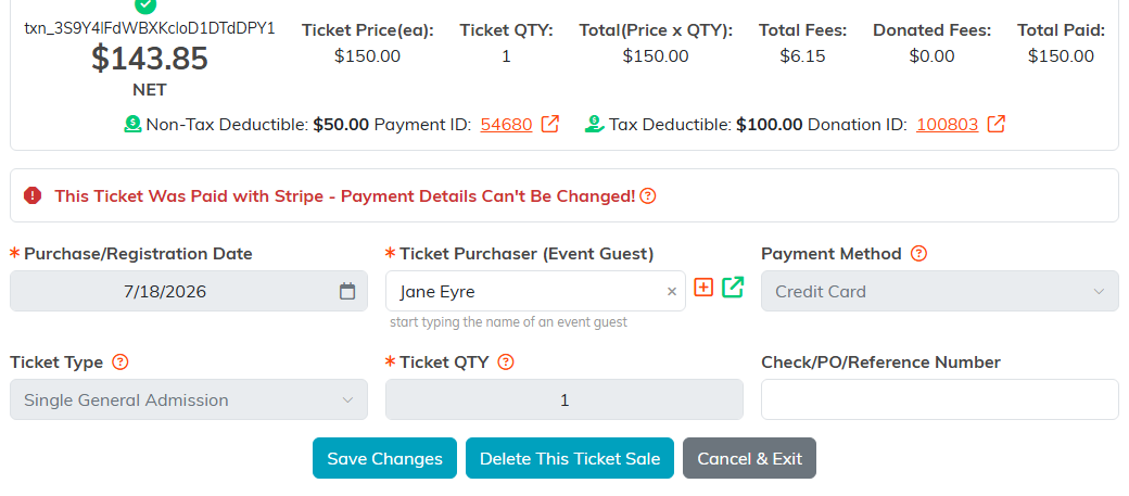 Ticket Details for a card sale showing net revenue, price, quantity, fees, total paid, the payment and donation links, and the purchase date, purchaser, payment method, ticket type and quantity