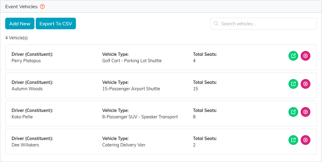 Event Vehicles listing four vehicles, each with its driver, vehicle type and total seats, and the open and delete icons