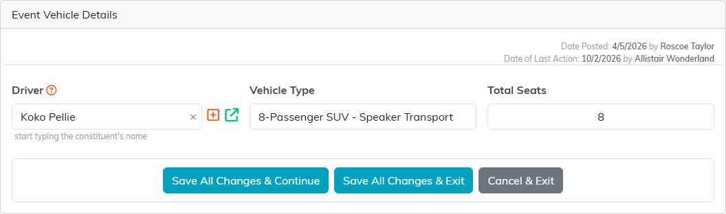Event Vehicle Details with the driver, vehicle type and total seats, and the save buttons