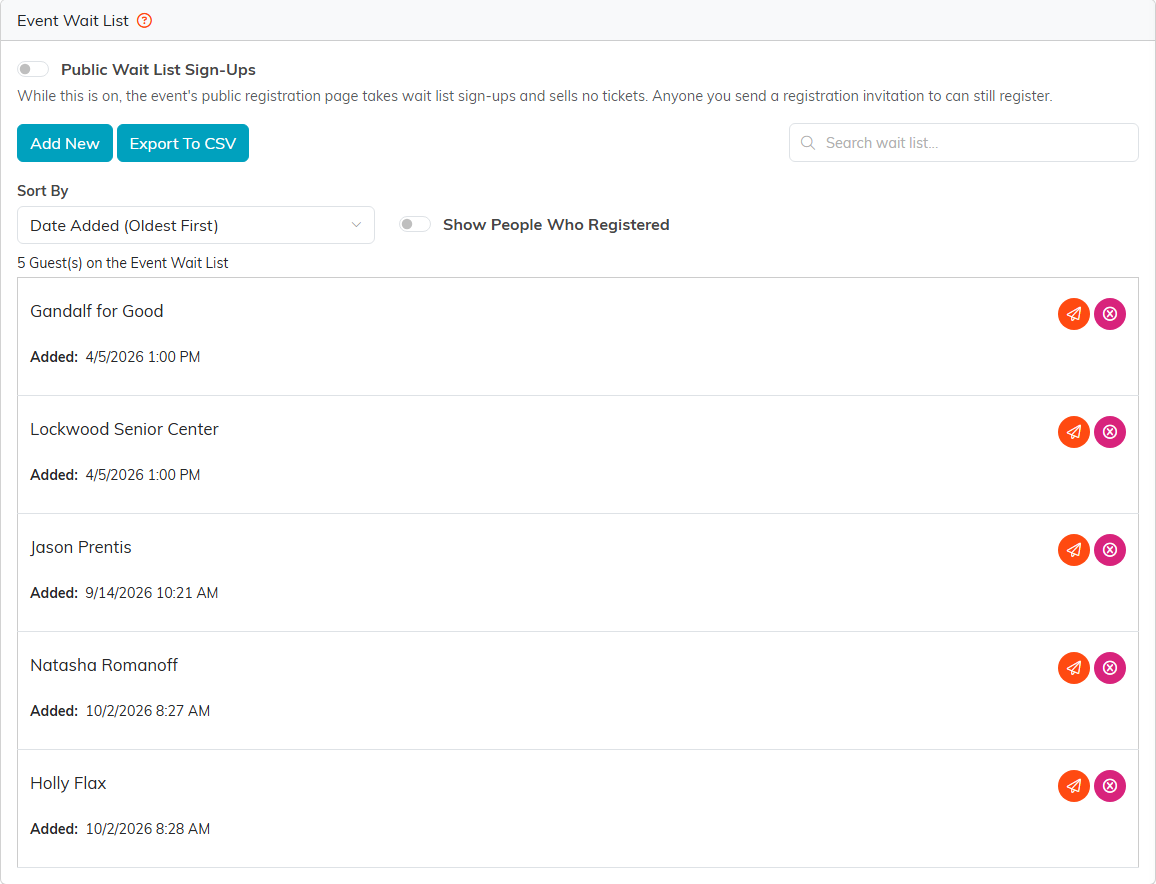 The Event Wait List with the Public Wait List Sign-Ups switch, Add New and Export To CSV, the sort and Show People Who Registered controls, and five people on the list