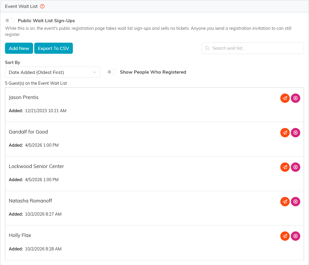 The Event Wait List with the Public Wait List Sign-Ups switch, Add New and Export To CSV, the sort and Show People Who Registered controls, and five people on the list