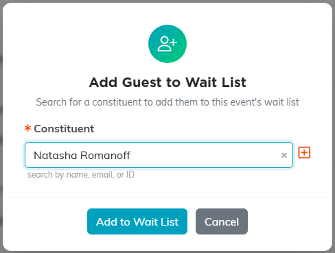 The Add Guest to Wait List window with a constituent picked and the Add to Wait List button