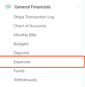 The General Financials menu expanded with Expenses highlighted