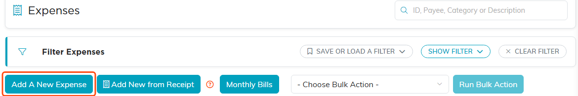 The expense list header with Add A New Expense and Add New from Receipt