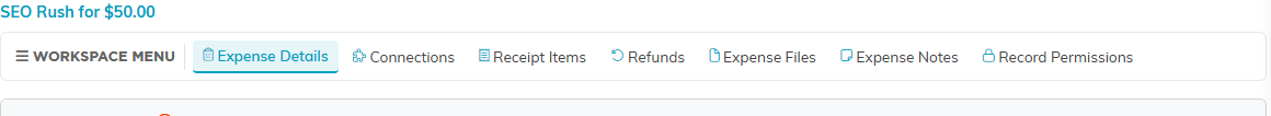 The Expense Workspace menu showing all seven tabs