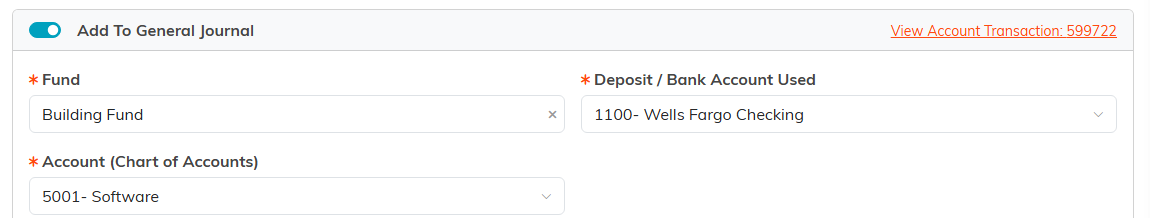 The Add To General Journal toggle with Fund, Bank Account and Chart of Accounts fields