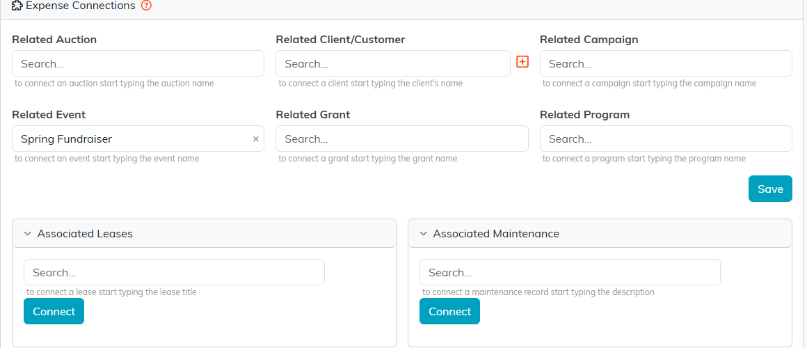 The Connections tab with lookups for auction, client, campaign, event, grant and program