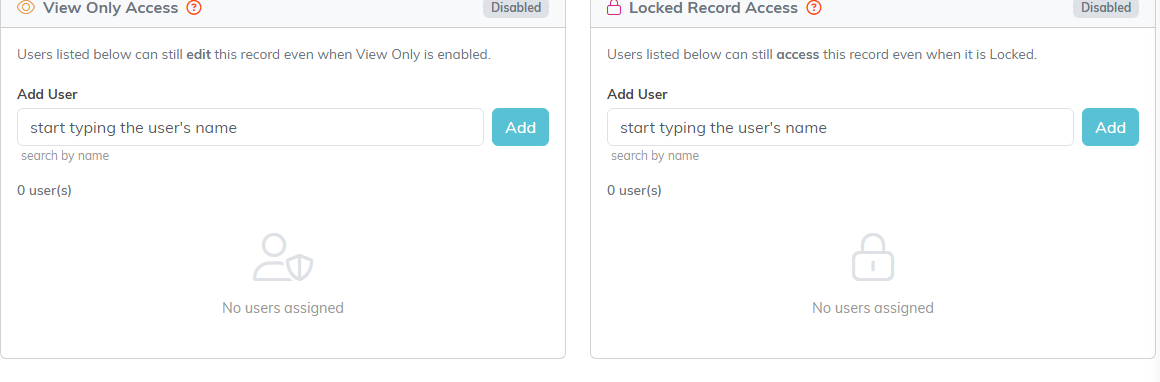 The View Only Access and Locked Record Access panels