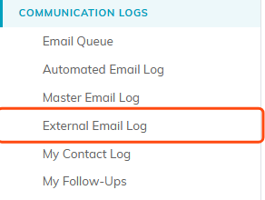 The sidebar Communication Logs section with External Email Log highlighted