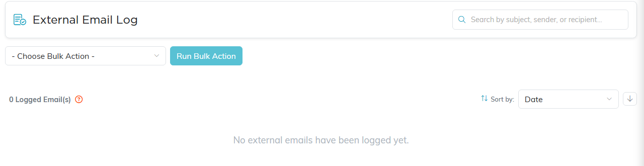 The External Email Log page with its search box and bulk action controls