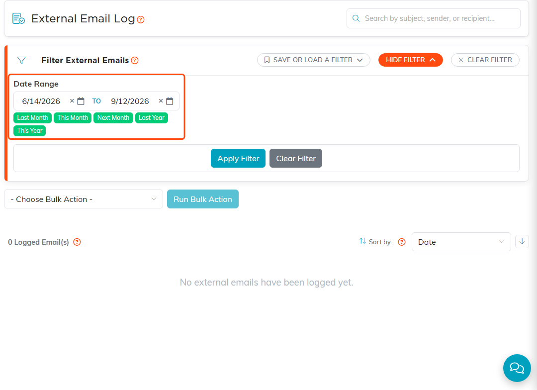 The External Email Log page with its search box, the Date Range filter open on the last 90 days, and the bulk action controls