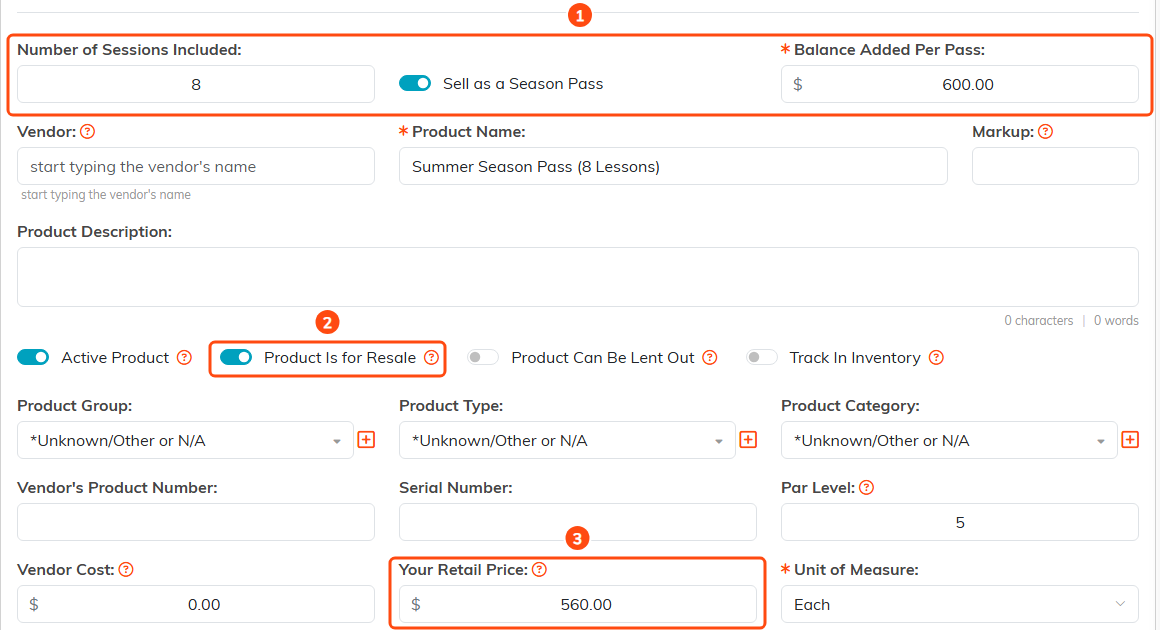 The Product Workspace for Summer Season Pass (8 Lessons): 1 marks Number of Sessions Included 8, Sell as a Season Pass turned on and Balance Added Per Pass $600.00; 2 marks Product Is for Resale turned on; 3 marks Your Retail Price $560.00