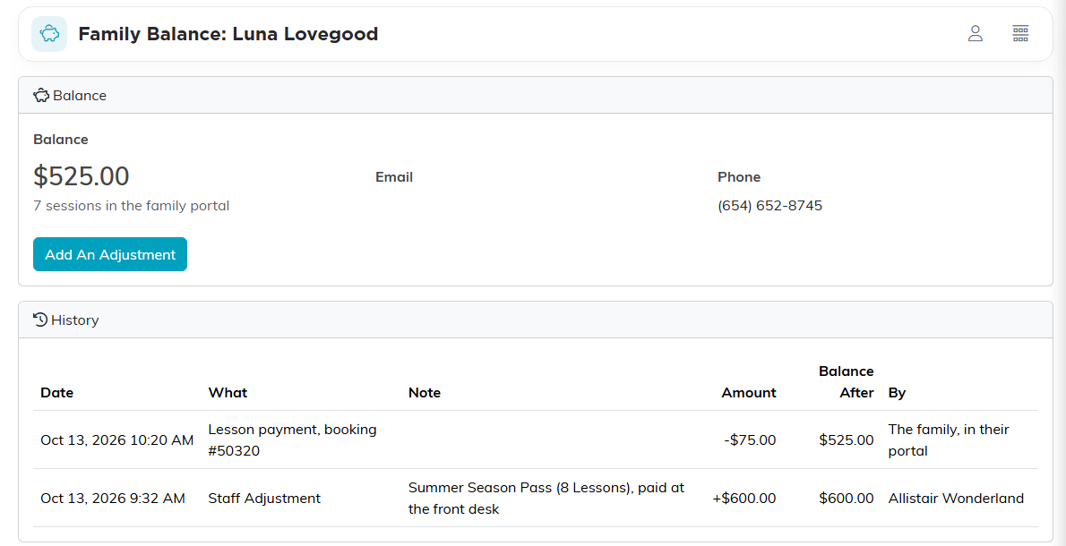 Family Balance: Luna Lovegood, with a Balance of $525.00 and 7 sessions in the family portal. History shows a Lesson payment for booking #50320 of -$75.00 by The family, in their portal, and a Staff Adjustment of +$600.00 by Allistair Wonderland