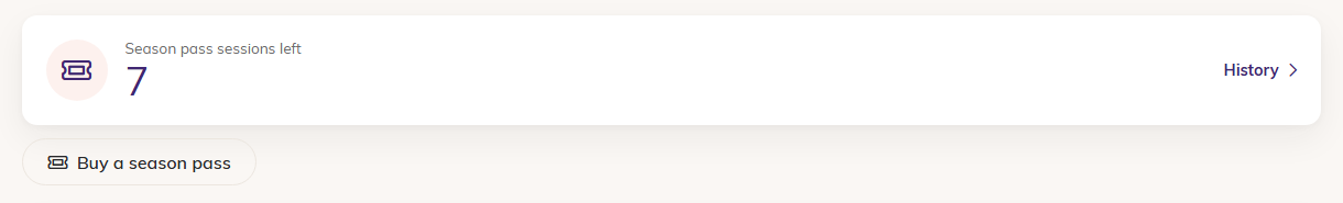 The Participant Portal card showing Season pass sessions left 7, a History link and a Buy a season pass button