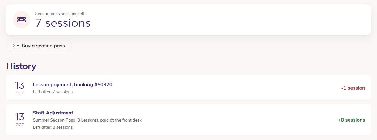The family's balance page in the Participant Portal: 7 sessions left, with History entries for a Lesson payment on booking #50320 (minus 1 session) and a Staff Adjustment with the note Summer Season Pass (8 Lessons), paid at the front desk (plus 8 sessions)