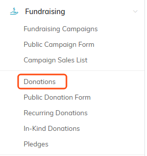 The Fundraising section of the left menu with Donations highlighted
