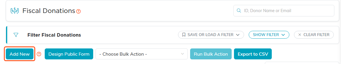 The top of the Fiscal Donations list with Add New highlighted