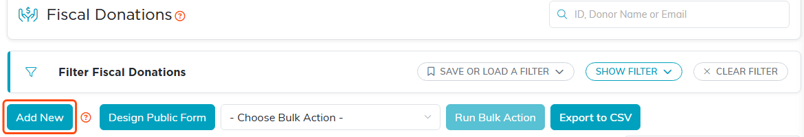 The fiscal donations list header with Add New highlighted