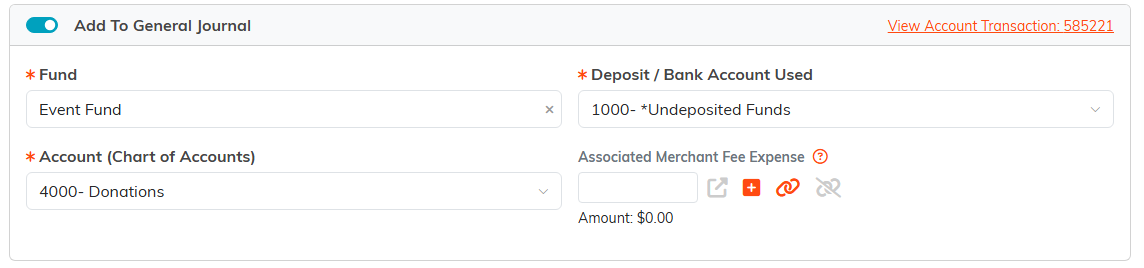 Add To General Journal switched on, with Fund, Deposit Account and Chart of Accounts filled in