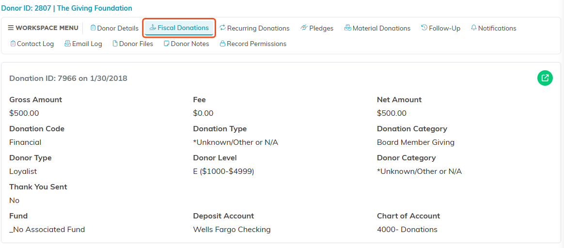 The Donor Workspace with the Fiscal Donations tab selected, showing that donor's gifts