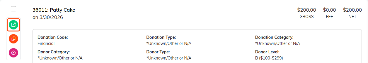 A fiscal donation row with the green open icon highlighted