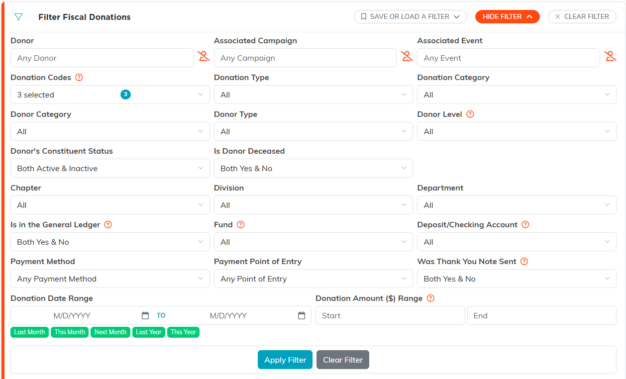 The fiscal donation filter panel with all of its fields