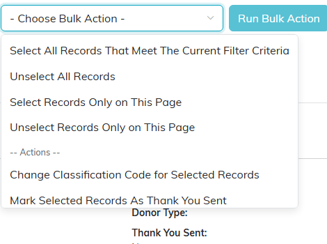 The bulk action menu open on the donations list