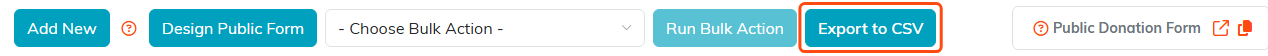 The button row above the donations list with Export to CSV highlighted