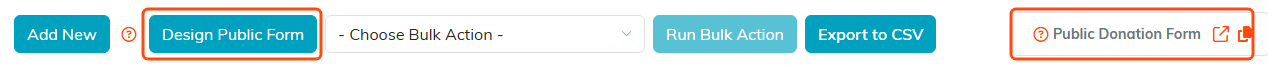 The button row with Design Public Form and the Public Donation Form control highlighted
