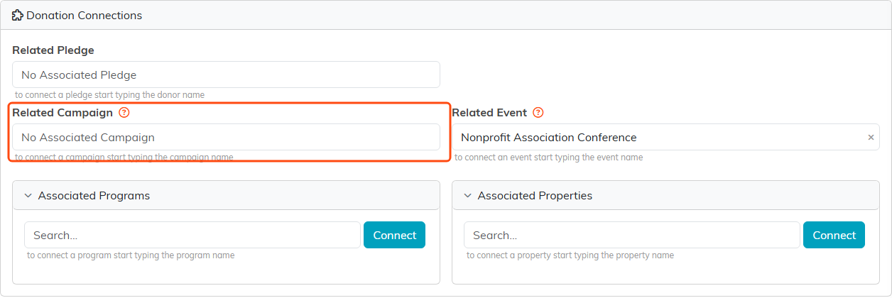 The Donation Connections page with Related Campaign highlighted
