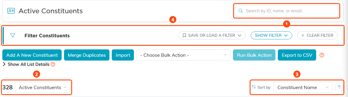 The top of an Argenta list page with the search box, record count and view dropdown, sorting, and the filter panel marked