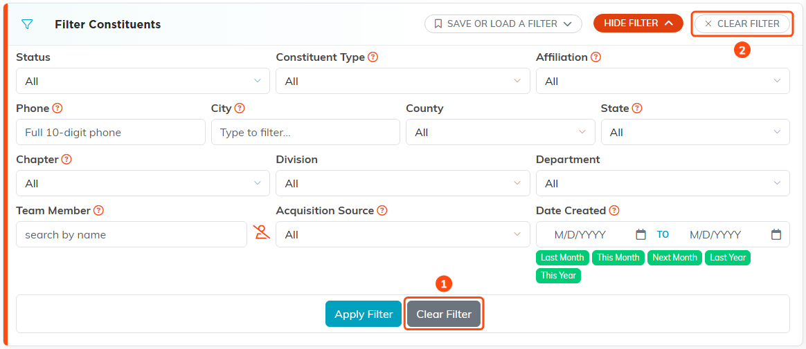 The Constituents filter panel open, with both Clear Filter controls marked