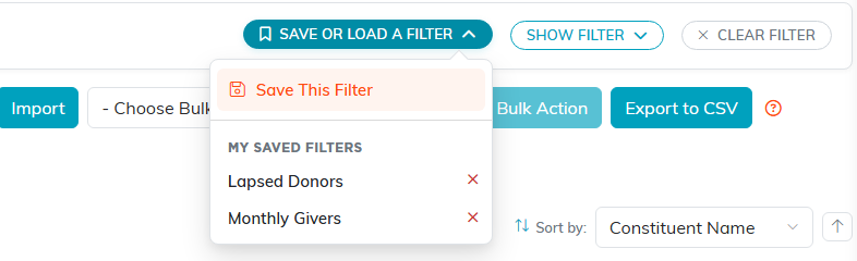 The Save or Load a Filter menu open, showing Save This Filter and a list of saved filters