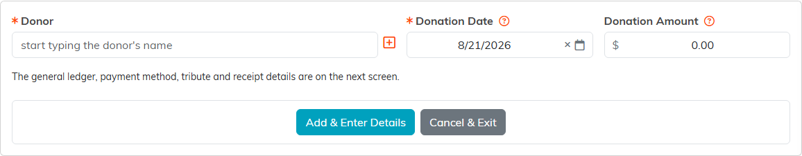 The Add A Donation form, showing the required Donor and Donation Date fields with the Add and Enter Details and Cancel and Exit buttons