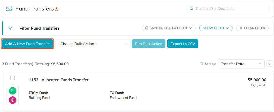The Fund Transfers list with the Add A New Fund Transfer button highlighted