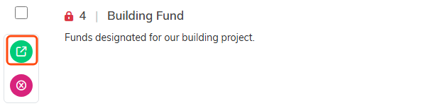 A fund row with the green open icon highlighted